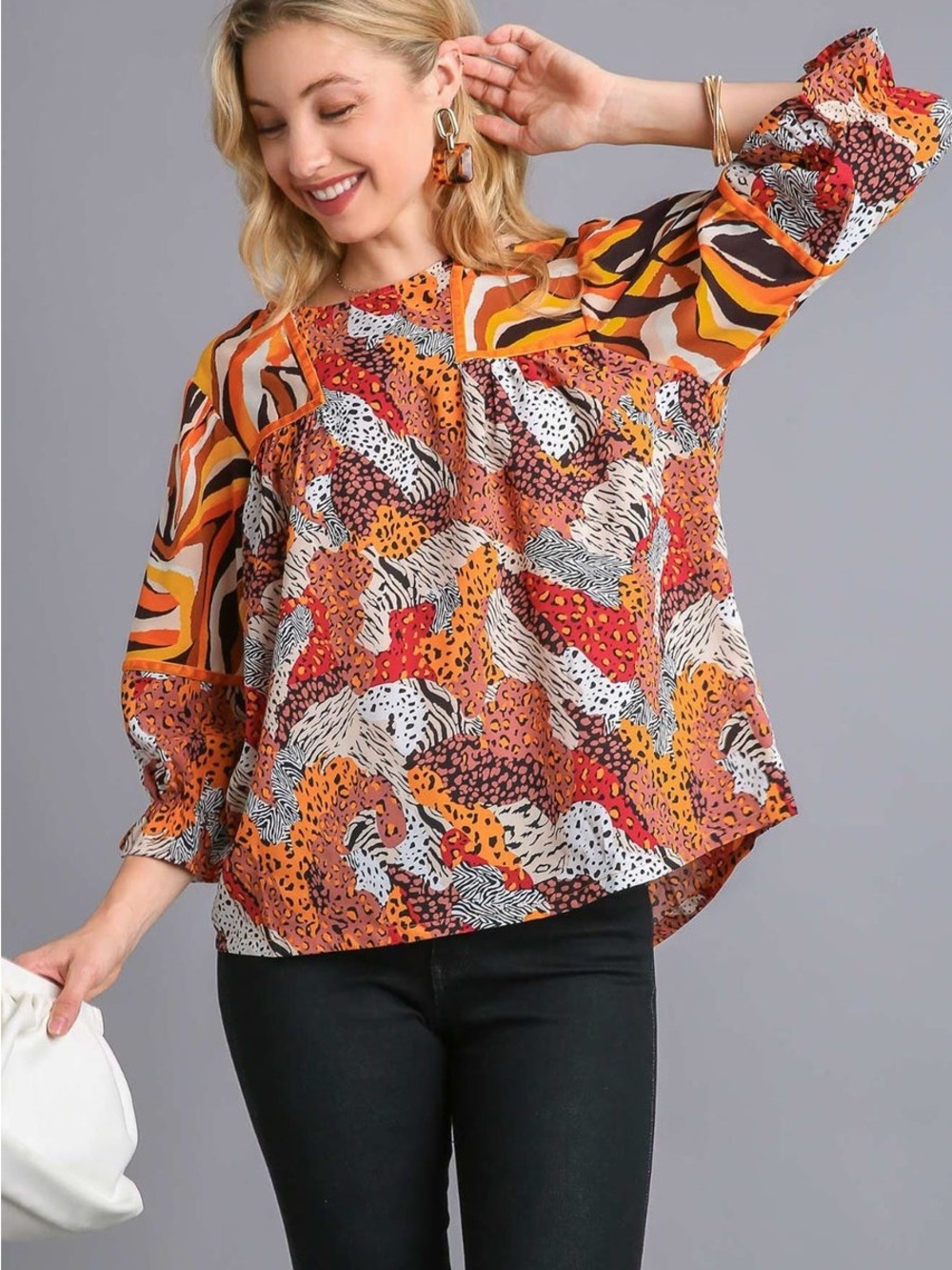 Umgee Orange Mixed Animal Print Blouse Boho Eclectic Statement Top Small